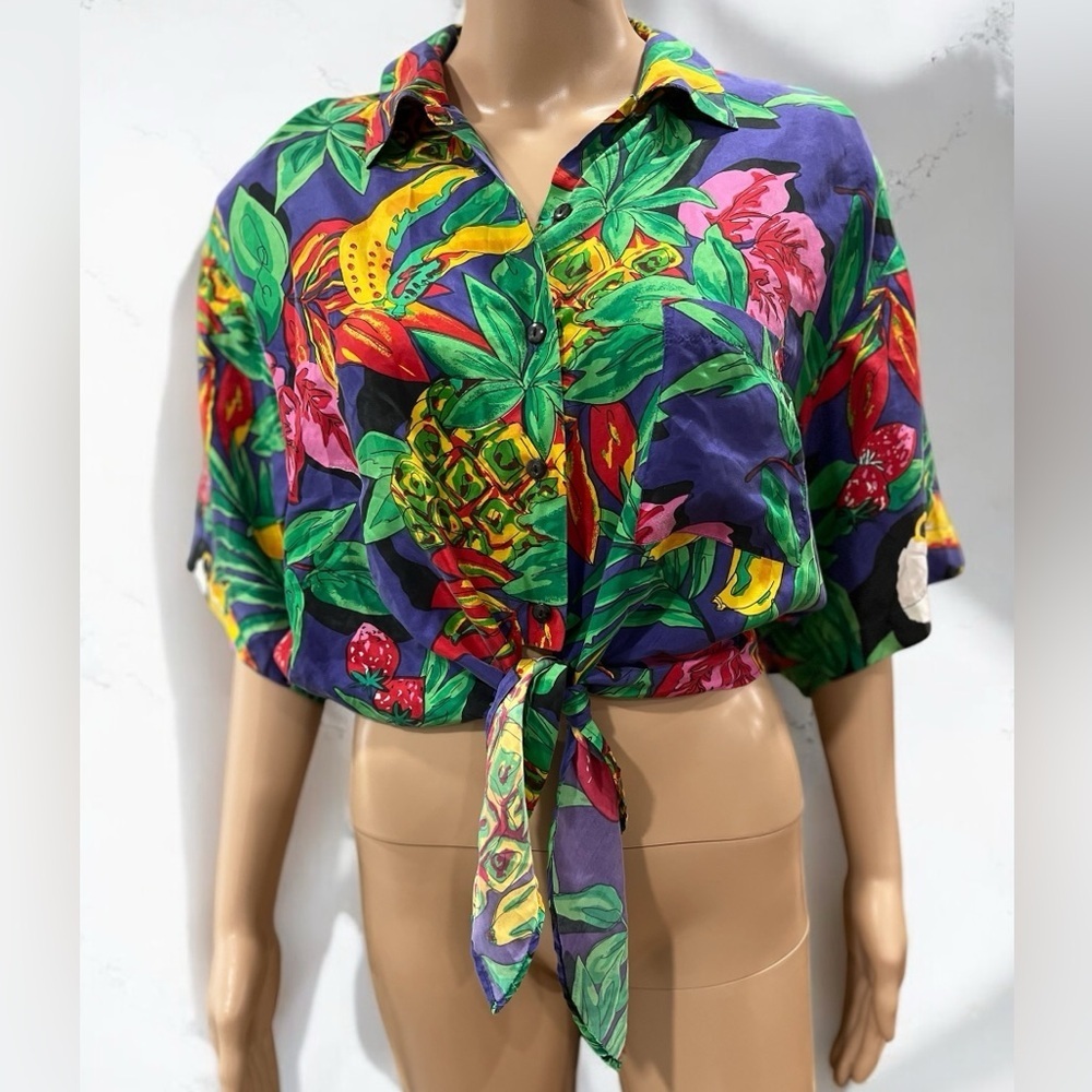 Midriff Cropped tie front Vintage ‘80’s shirt bold tropical pattern silk Large